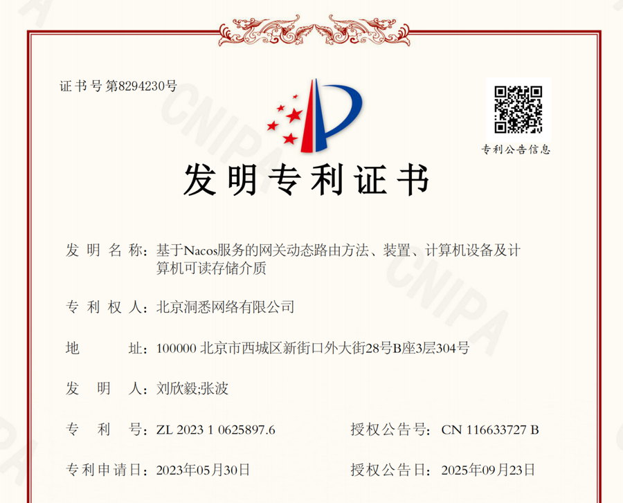 发明专利证书：基于 Nacos 服务的网关动态路由方法、装置、计算机设备及计算机可读存储介质（专利号 ZL 2023 1 0625897.6）
