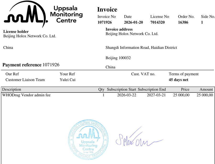 WHODrug 订阅授权：Uppsala Monitoring Centre 开具，License No 7014320