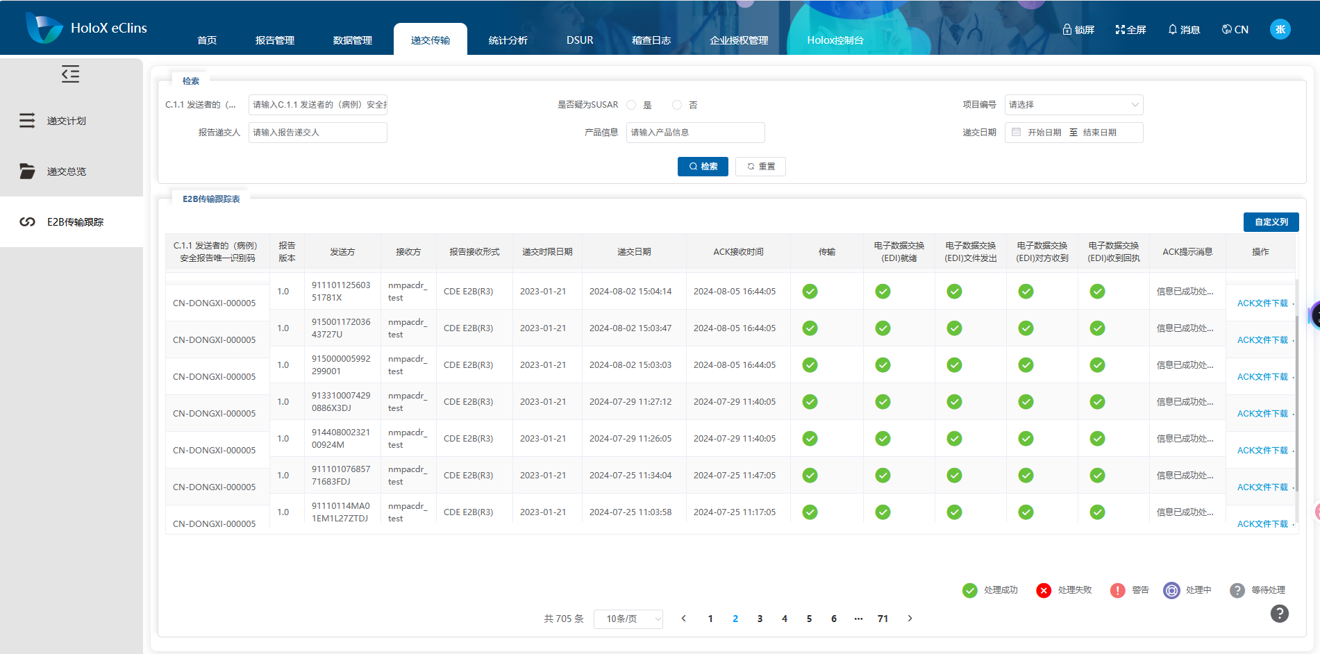 eClins 通道传输跟踪：E2B 递交状态与回执核销